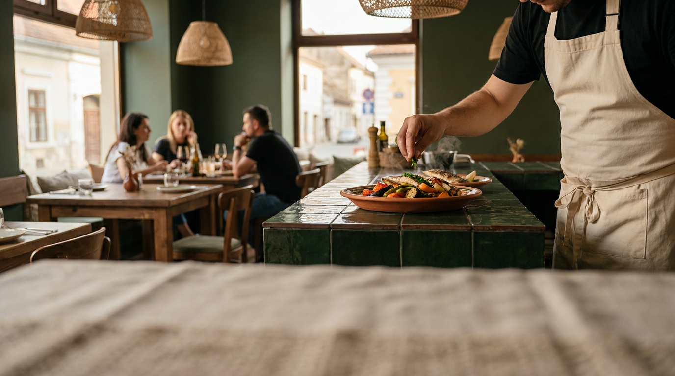 Restaurant Dunărea – terasă cu vedere la Dunăre, masă aranjată cu preparate tradiționale